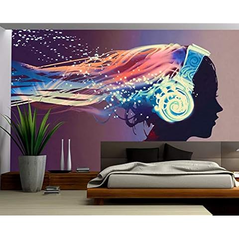 Fototapete 3D Effekt Vlies Tapete Mädchen Mit Kopfhörern Hörend Musik Tapeten Wandbilder Wohnzimmer Cover