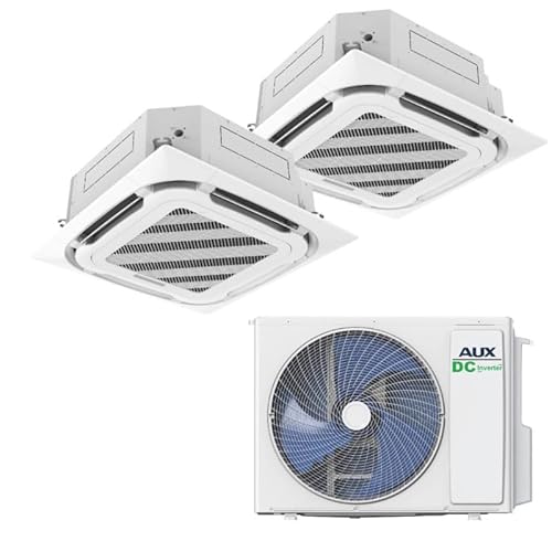 Juego de aire acondicionado AUX A++ con 2 cajas de techo de 12000 BTU (3,5 kW cada uno) + unidad exterior 27000 BTU (7,9 kW) – Refrigerante R32 – Blanco – Sistema de división silencioso para 2