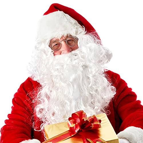 Purpledi Perruque de Noël Perruque Pere Noel,Barbe de Santa,Barbe de Noël,Convient pour l'habillage du Père Noël,Fête de Noël,Jeux de Rôle de Noël,Perruque + Barbe + Chapeau + Lunettes(Blanche) Cover