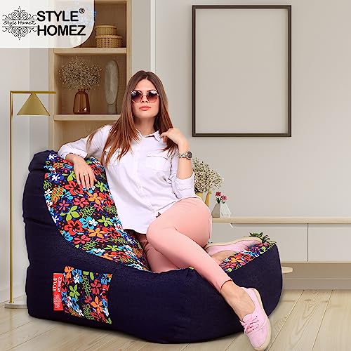 Image of Style Homez Urban Design Denim Canvas Floral Printed Chair Bean Bag XXL Size Filled with Beans Fillers