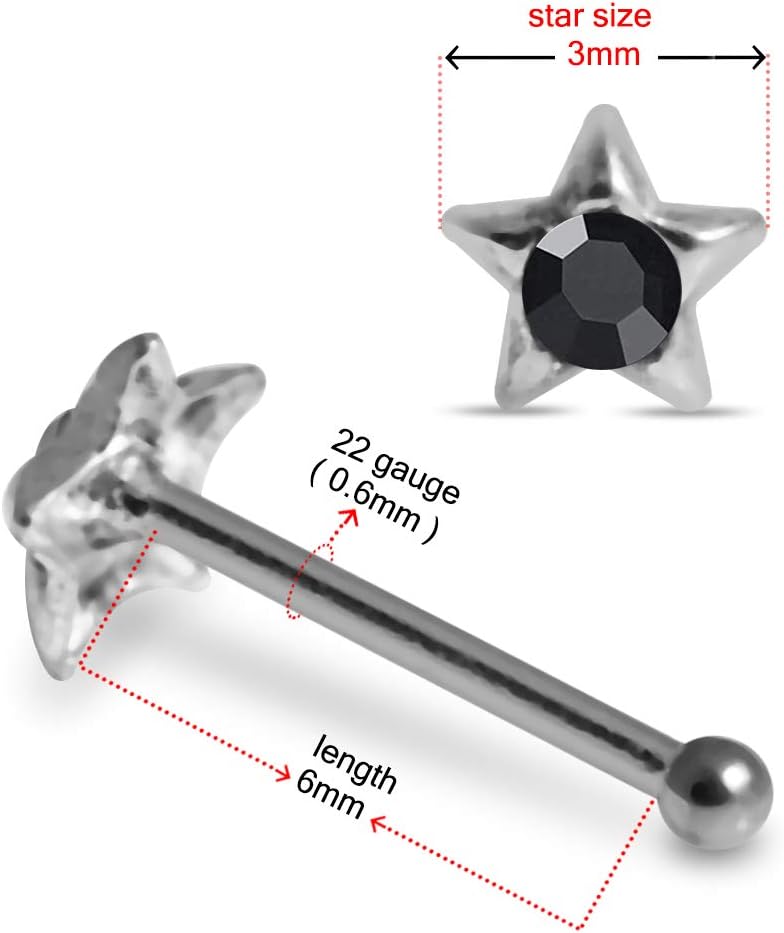 Crystal Stone Curved Star 22 Gauge 925 Sterling Silver Ball End Nose Pin - Nose Stud - Tiny Nose Ring - Nose Piercing Body Jewelry