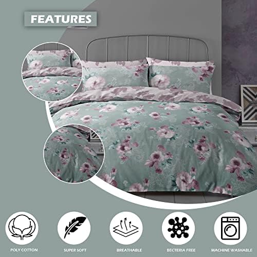 Lions 4 Piece Complete Bedding Set - Sage Green Flower Printed 1x Duvets Cover 2x Pillowcase 1x Bed Sheet, Ultra Soft Reversible Poly Cotton Quilt Covers for Girls Women, Double Bed Bedding
