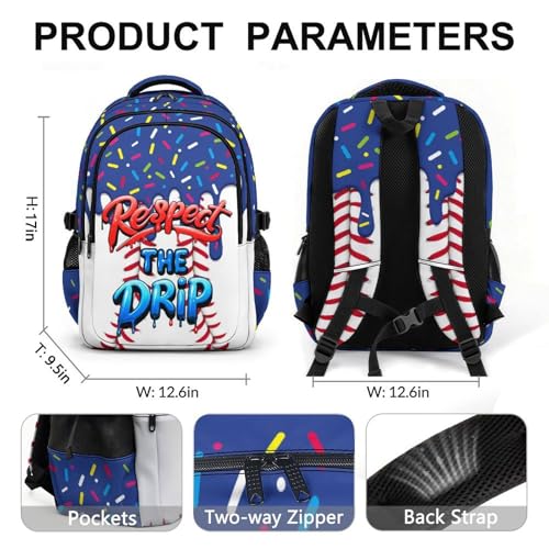 GiftRomance Kids Baseball Backpack Baseball Drip Bookbag, Cool 17 Inch Schoolbag for Elementary High Middle College Students by GiftRomance - Used condition - Image 4