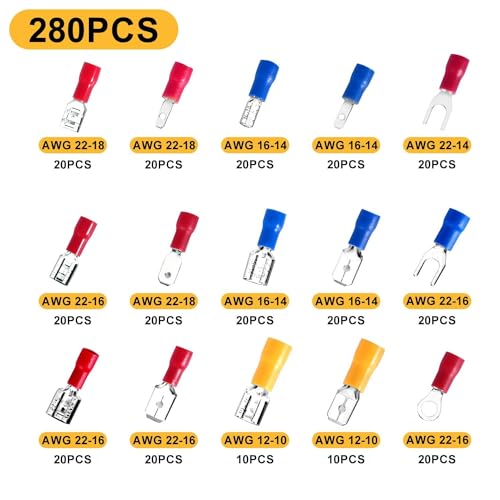 Ptiysta 280PCS Wire Connector Insulated Wire Connector Wire Terminal Wire Crimping Connector Includes: Ring, Fork, Shovel, Butt Connector kit
