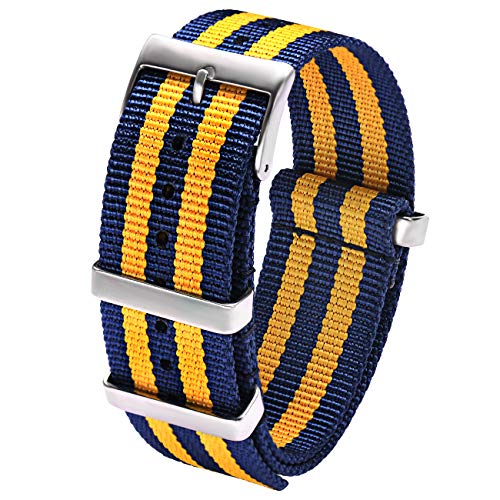 Carty Watch Straps Mens High Density Nylon Strap 22mm Military Watch Band Heavy Duty Buckle (Dark Blue Dark Yellow Stripe)