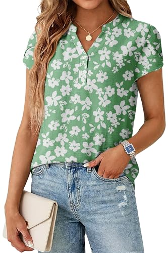 Lepunuo Womens Blouses Dressy Casual Henley Tops Summer V Neck Business Work Shirts Cap Sleeve Tshirts Vacation