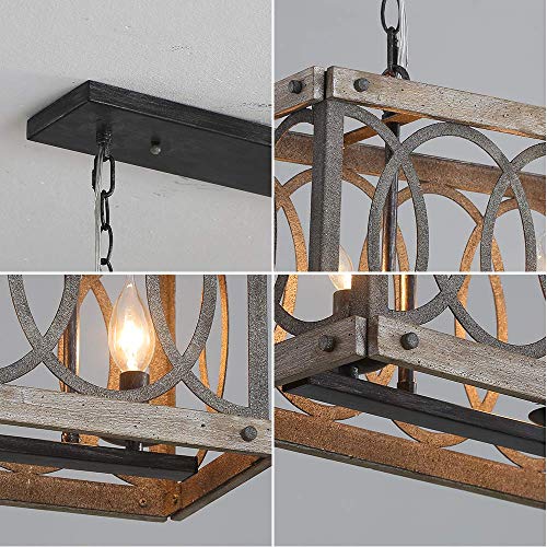 PHILOMENA Antique Wood Farmhouse Chandelier, 3-Light Rustic Bronze Cage Rectangular Dining Room Light Fixtures Over Table, Rectangle Linear Foyer Pendant Lamp Ceiling Hanging - Image 6