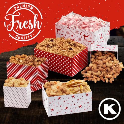 Christmas Gift Basket with Fresh Nuts & Snacks, Gourmet Cravings Indulgence - 6 Tier Food Basket Gift Set, Great Christmas Gift Present for Men & Women.