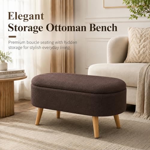 Image of Upholstered Ottoman Storage Bench, Premium Boucle Fabric, Heavy Duty 120 Kg Load Capacity, Multipurpose Seating for Living Room & Bedroom, Brown
