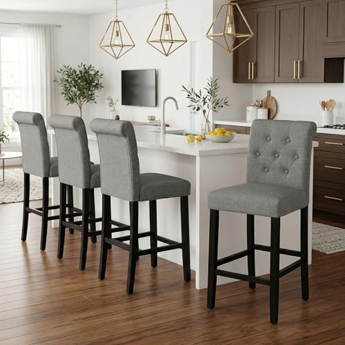 GOTMINSI 24inch Counter Height Bar Stool, Set of 4 Counter Height Chairs for Kitchen Island Upholstered Back Bar Chairs Fabric Barstool with Button Tufted Decoration Leisure Style (Grey)