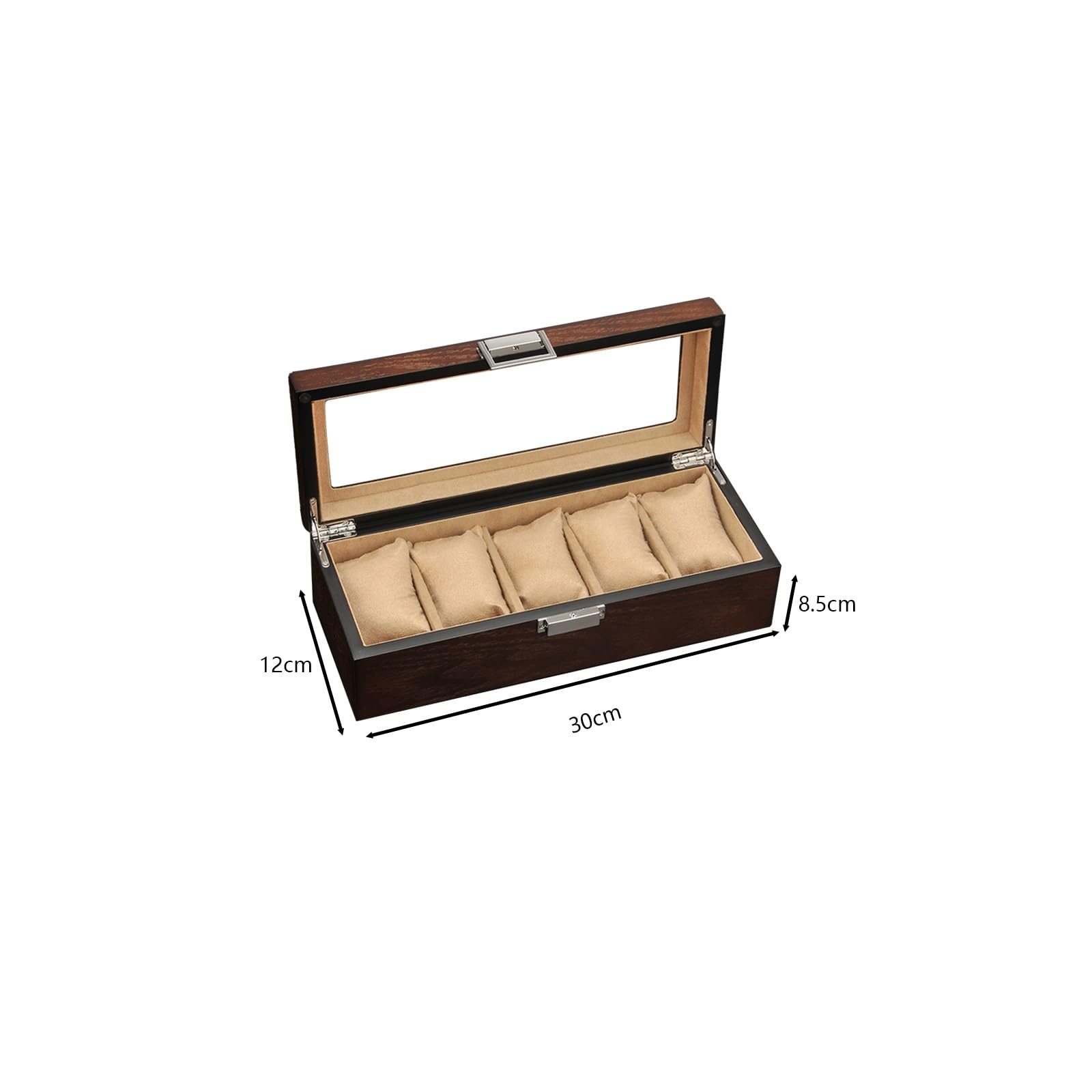 JEKKAH Uhrenbox aus Holz mit Oberlicht, fünfteiliges Schaukästchen aus Holz, Aufbewahrungsbox for Schmuck und Armbänder, Schaukästchen mit Uhrenständer aus Holz(Beige)