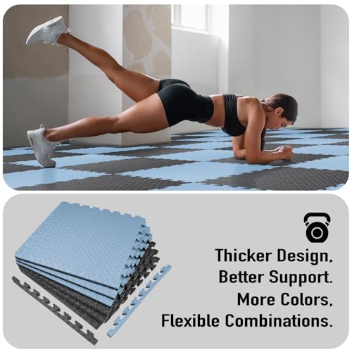 AIRHOP Upgraded 0.79\" Extra Thick 48 Sq Ft High-Density Eva Foam Exercise Gym Mats, 12 Pcs Large Interlocking Puzzle Floor Tiles (24\"x24\") for Home Gym, Black&Blue