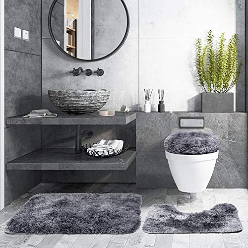 3 Piece Thicken 0.4" Bath Rugs Set, Bath Rug + Contour Mat + Toilet Seat Cover, Super Long Soft Microfiber Water Absorbent & Non-Slip Bathroom Rugs with PVC Point Rubber Backing (Grey)