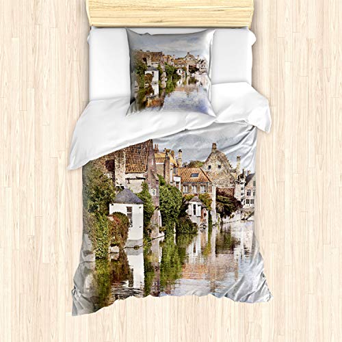 ABAKUHAUS Abstrait Ensemble de Housse de Couette, Bruges Vue sur Le Canal, Décoratif 2 Pièces avec 1 Taie d'oreiller, 135 x 200 cm - 80 x 80 cm, Multicolore