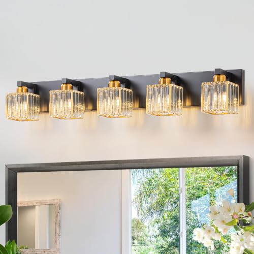 HUOKU Crystal Black Gold Bathroom Vanity Light, 5-Lights Bathroom Lighting Fixtures Over Mirror Modern Glam Crystal Wall Lighting with Square Shade by HUOKU - Used condition - US$105.33