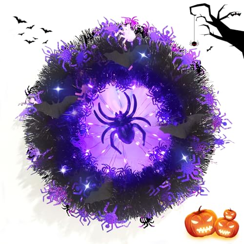 Couronne Halloween LED araignée pourpre, décoration porte/mur intérieur extérieur