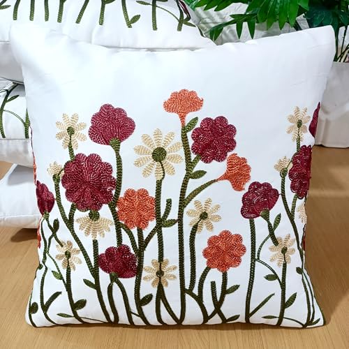 Image of LOFEY Satin Cushion Covers Set of 5 | 16 inch x 16 inch (40x40 cm) MultiFloral Decorative Sofa & Bed Pillow Covers for Living Room & Bedroom Decor (Without Filler) (White)