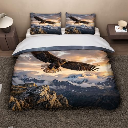 Housse de couette fermeture éclair ultra douce 200x200, parure microfibre imprimé aigle 3D durable - 3