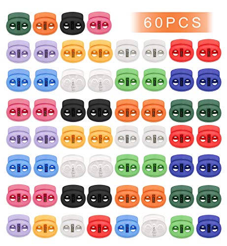 Gresunny 60 pièces serrures de cordon en plastique serrure de corde a ressort arrêt de cordon double trou verrous de cordon pour valises, vêtements de sport, sacs à dos, lacets (12 couleurs) Cover