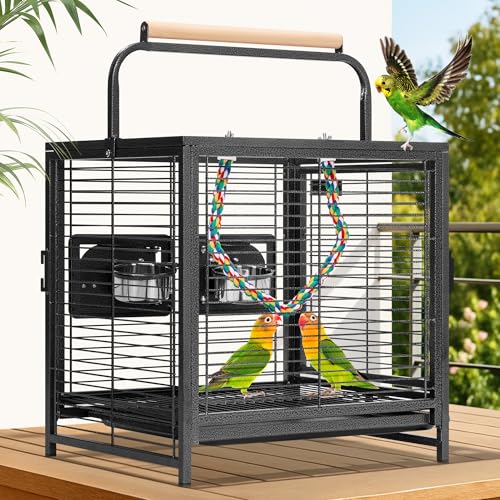 VIVOHOME 48cm Wrought Iron Bird Travel Carrier Cage with Handle Bird Transport Cage With Wooden Perch Portable Parrot Cage with Pullable Tray for Parrots Conures Lovebird Cockatiel Parakeets