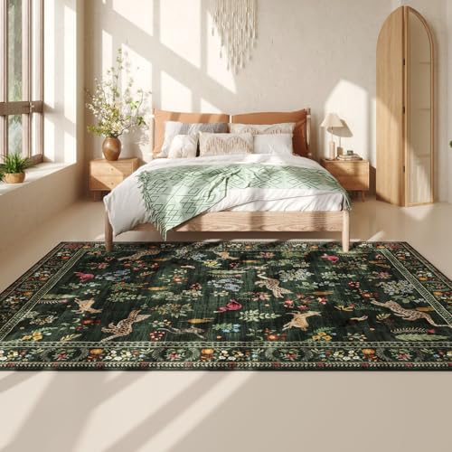 Area Rugs 8x10 Rug for Living Room Clearance Washable Boho Area Rug Non Slip Floral Animal Vintage Low Pile Large Rug for Living Room, Bedroom, Farmhouse, Dining Room, Kids Playroom (Green)