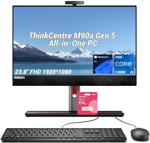 Lenovo ThinkCentre M90a 23.8' FHD Business All-in-One, Intel Core i5-14500, 16GB RAM, 512GB SSD, Wired KB & Mouse, RJ-45, HDMI, Wi-Fi 6, DP Port, Windows 11 Pro, Black, w/Bundle