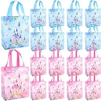 Keioy 16 Pcs Princess Party Favor Bags with Handles Reusable Non Woven Castle Candy Goodie Bags Treat Blue Pink Princess Gift Bag Ideal for Baby Shower Birthday Gender Reveal Party