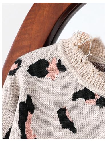 WDIRARA Girl's Leopard Print Sweater Distressed Crew Neck Long Sleeve Pullover Knitwear3