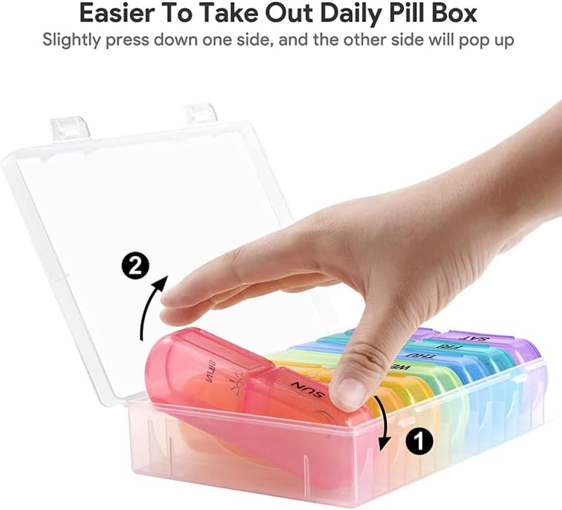 iplusmile Portable Pill Case Small Storage 7-Gird Medicine Organizer with Double Lid Protection Compact Outdoor Travel Size Pill Box 4.33X1.37X0.86 Inches