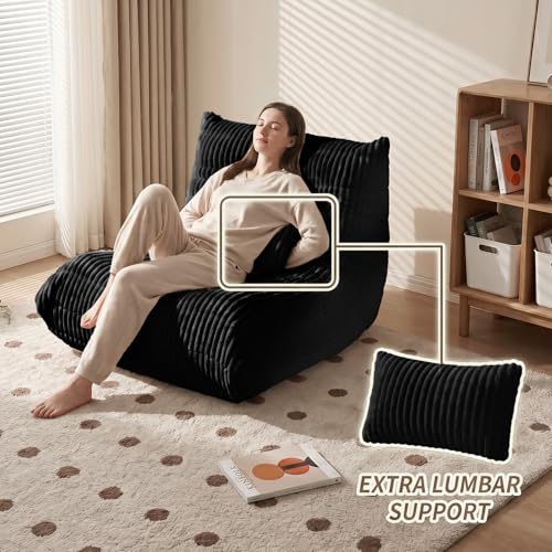 Bean Bag Chair with Lumbar Pillow, Gaint Bean Bag Chairs for Adults, Oversized Corduroy Beanbag Chair with Memory Foam Filled, Lazy Floor Sofa for Reading Gaming Living Room Bedroom (Black) — view 3