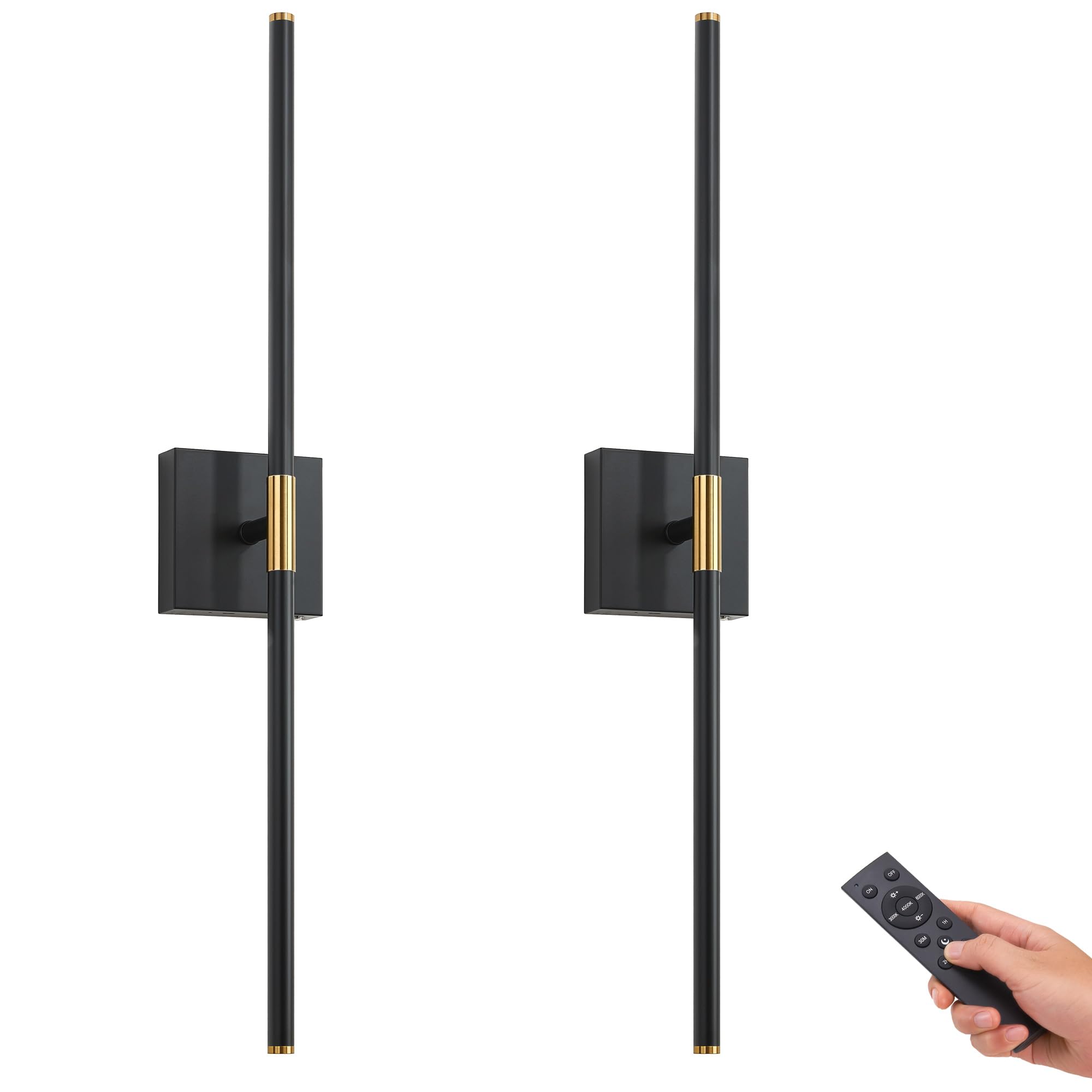 Battery Operated Black & Gold Wall Sconces Set of 2, 30" Wireless Rechargeable Wall Lights with Remote Control, 3000K-6000K Stepless Dimming 360° Rotate Wall Decor Lamp for Living Room Hallway Bedroom