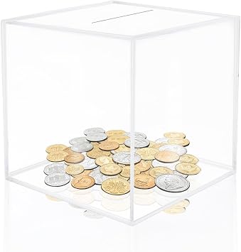 Clear Acrylic Piggy Bank - Square Money Saving Box, 12 x 12 x 12cm