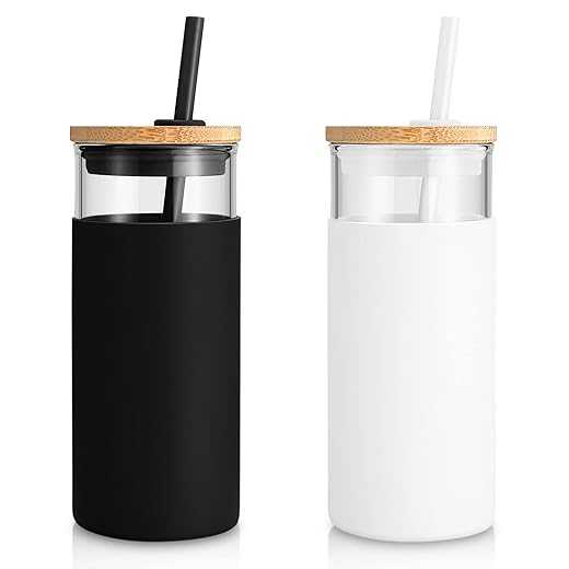 Tronco 20oz Glass Tumbler Glass Water Bottle Straw Silicone Protective Sleeve Bamboo Lid - BPA Free (White Black)