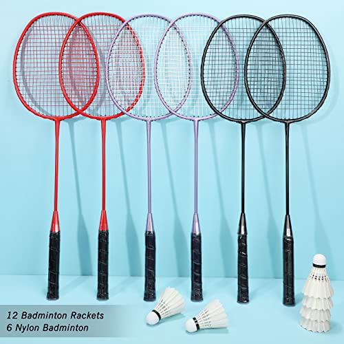 Badminton Rackets Set Of 12, Including 12 Pcs Badminton Rackets And 6 Pcs Feather Badminton Shuttlecocks, Lightweight Badminton Racquets For Player Adults Kids Indoor Outdoor Backyard Sports Game #TOP6