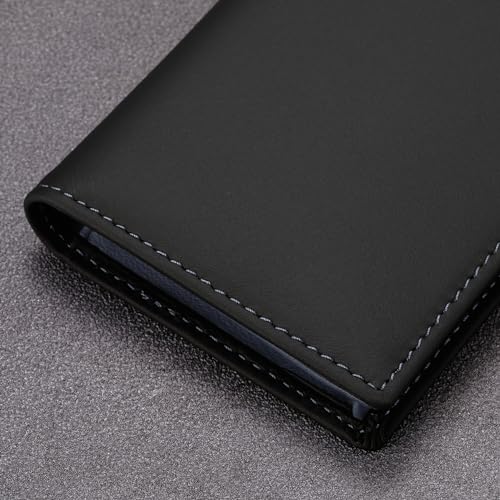 Image of HISCOW Full Grain Leather Business Card Holder Case | Minimalist EDC wallet, gusset holds 25 cards, ID window, fits folded bills, bifold profile, premium gifts for men & women