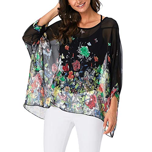 Image of Ckikiou Plus Size Batwing Flowy Semi Sheer Chiffon Blouse Tunic for Women Summer Floral Print Boho Beach Cover ups