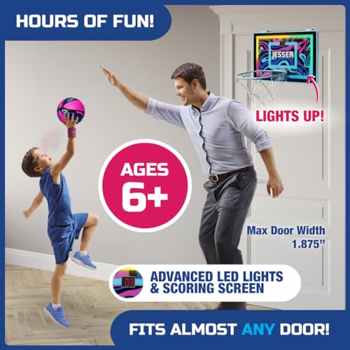 Jesser Hoop Over The Door Mini Basketball Hoop – 2 Gameplay Modes: Shot Clock or Score Keeping, 5" Exclusive Ball, Electric LED Scoring, Net, Air Pump - Indoor Sports Fun for Kids 6+