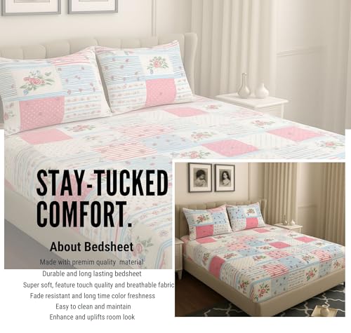 Image of HOMEKART 120 TC Cotton Rich Elastic Corner Fitted Bedsheet with 2 Pillow Covers | Double Bed 72x68+6 Inches | Wrinkle-Free, Super Soft & Breathable Floral Design | Pinkk & Green