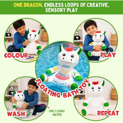 Image of PepPlay Redoobles Doodle Dragon - Color, Wash & Reuse Plush Toy for Kids 3-8 Years | 4 Non-Toxic Washable Markers | Screen-Free, Bath-Safe Soft Toy, Made in India | Dragon Gift for Boys & Girls