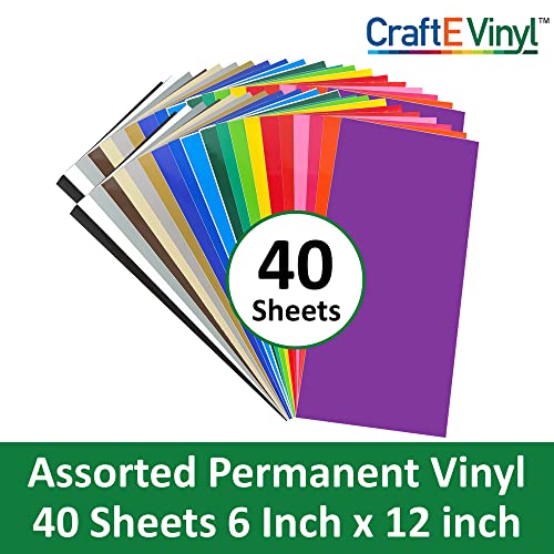 Craft E Vinyl - 12" X 12" - 40 Sheets Assorted Glossy Colors Of Permanent Adhesive Backed Vinyl For Cricut Cutters, Craftrobo Cutters, Pazzles Cutters, Quickutz Cutters - Cev1200 #TOP1