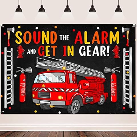 Firetruck Birthday Decorations for Boys Firefighter Backdrop,FHZON Sound The Alarm and Get in Gear Party Decorations,Red Firetruck Birthday Party Decorations Background Banner 7x5ft BJLSFH54 Cover