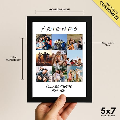 Image of Framekaari Friends Customised Photo Frame | Personalised Birthday Gift | Custom 9-Photo Collage | Synthetic Wood Frame | Tabletop & Wall Mount | Room & Home Decor | 16x21 cm (Design-07)