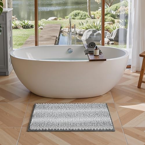 ComiComi Gray Bath Mats Plush Pom-Pom Super Absorbent Bathroom Rug Non Slip Machine Washable Bath Mat for Bathroom Floor Quick Dry 16" x 24"