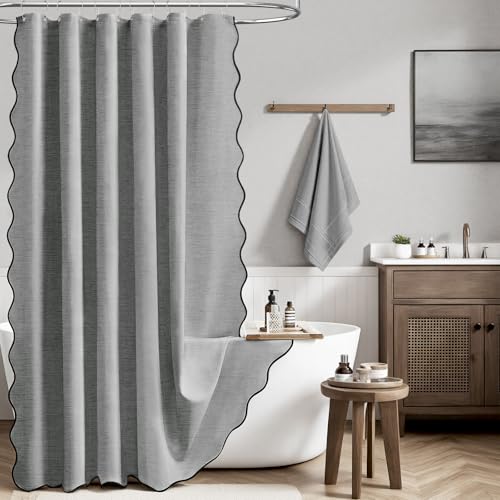 BTTN Grey Scalloped Shower Curtain Gray Boho Linen Textured Fabric Shower Curtain Set with Plastic Hooks Neutral Decorative Waterproof Polyester Shower Curtains with Black Edge for Bathroom 72x72