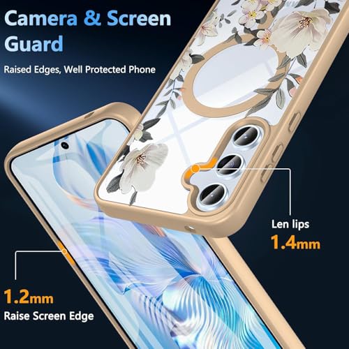 Image of VONZEE Compatible with Samsung Galaxy A16 5G Case Luxury Retro Flowers Floral Clear for Magnetic Wireless Charging Case Shockproof PC+TPU Cute Glossy Shiny Cover for Girls Women, Desert