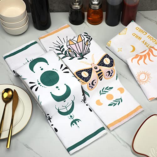 Kinlop 4 Pieces Kitchen Towels Gift Star Mushroom Moon Boho Witchy Cute Dish Towels Ultra Absorbent Drying Cloth Tea Towels Kitchen Hand Towels Farmhouse Soft Dishcloths Coffee Tea Bar Hand Towels #TOP1