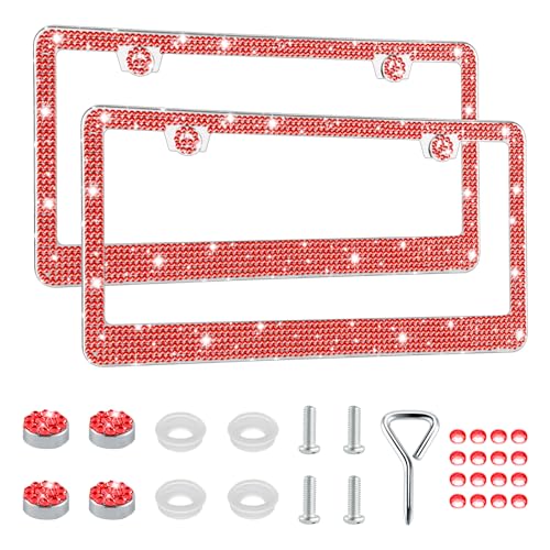 Image of GaRhomxy Bling License Plate Frames for Women, 2 Pack Handcrafted Sparkly Rhinestone Car Accessories, Premium Stainless Steel Frame with 1000+ Faceted Glass Crystals & Free Glitter Caps (Red)