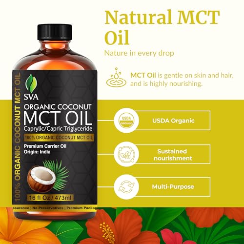 Image of SVA Organic MCT Carrier Oil, Huge Bottle, Large Size, 16 Oz (473 ml) | Organic MCT Oil for Skin Care, Face Care, Hair Care, Body Massage, Scalp Massage, Blending, Dilution & DIY Beauty Blends