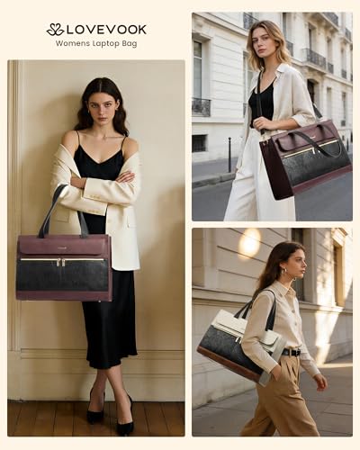 Image of LOVEVOOK Laptop Tote for Women 15.6 Inch, PU Leather Waterproof Work Tote with Large Tumbler Pocket, Peony Embossed Textured Computer Bag, Organized Teacher Office Business Crossbody Handbag