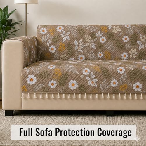 Image of STITCHNEST 'Frostvine Collection' 2 Seater Sofa Cover | Full Coverage with Armrest Pockets | Cotton Quilted Fabric, Decorative Tassels, Washable & Durable for Modern Living